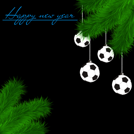 Congratulations to the New Year and soccer balls hanging on the Christmas tree branch on a black background. Vector illustrationのイラスト素材