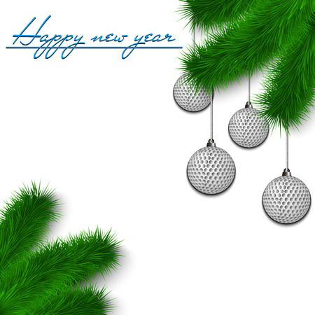 Congratulations to the New Year and golf balls hanging on the Christmas tree branch on a white background. Vector illustrationのイラスト素材