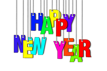Colorful letters happy new year hanging on a ropes on a white background. Vector illustrationのイラスト素材