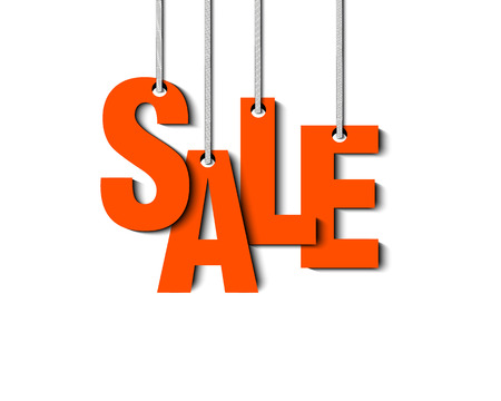 Orange letters sale hanging on a ropes on a white background. Vector illustrationのイラスト素材