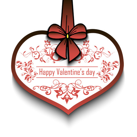 Abstract heart with patterns in grunge style hanging on a ribbon with bow on a white background. Happy Valentine's Day. Vector illustrationのイラスト素材