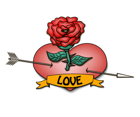 Rose with a heart pierced by an arrow. Ribbon with the inscription love. Vector illustrationのイラスト素材