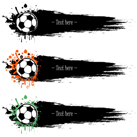 Set of hand drawn grunge banners with soccer ball. With splashes of watercolor ink and blots. Vector illustrationのイラスト素材
