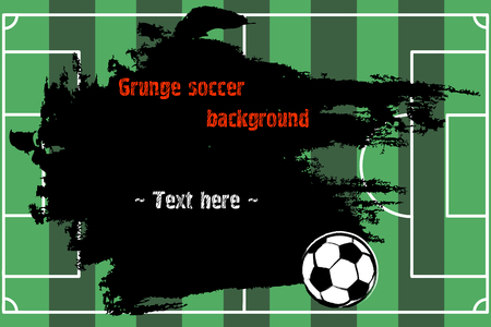 Set of hand drawn grunge banners with soccer ball and field. Black background with splashes of watercolor ink and blots. Vector illustrationのイラスト素材