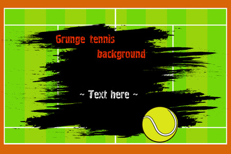 Set of hand drawn grunge banners with tennis ball and field. Black background with splashes of watercolor ink and blots. Vector illustrationのイラスト素材