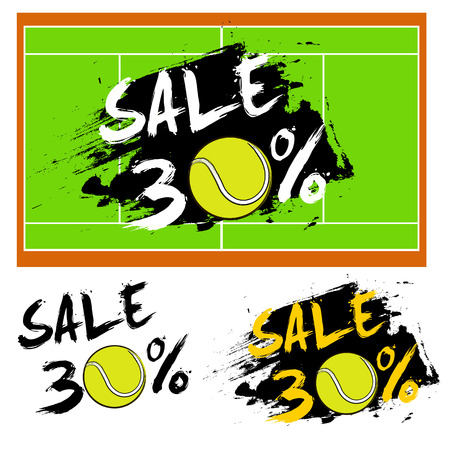 Set banners sale 30 percent with tennis ball. Drawn in a grunge style. Vector illustrationのイラスト素材