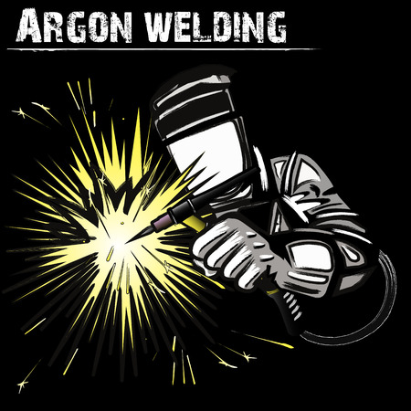 Welder in a mask performing argon welding of the metal. Black background. Vector illustrationのイラスト素材