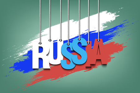 The word Russia hang on the ropes against the background of the Russian flag. Vector illustrationのイラスト素材