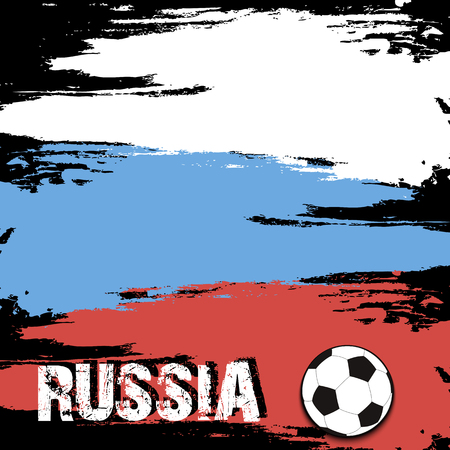 The word Russia and soccer ball on the background of the Russian flag in grunge style. Vector illustrationのイラスト素材
