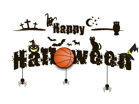 Banner happy halloween and basketball ball on isolated background. Vector illustrationのイラスト素材