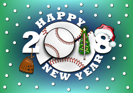 Happy New Year 2018 and baseball with Christmas tree, glove, bat and hat.のイラスト素材