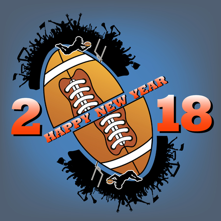 Happy new year 2018 and football with football fans. football player jumping with the ball. Vector illustrationのイラスト素材