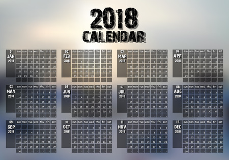 New year calendar 2018 in clean minimal table grunge style on a blurred background. Holiday event planner. Week Starts Sunday. Vector illustrationのイラスト素材