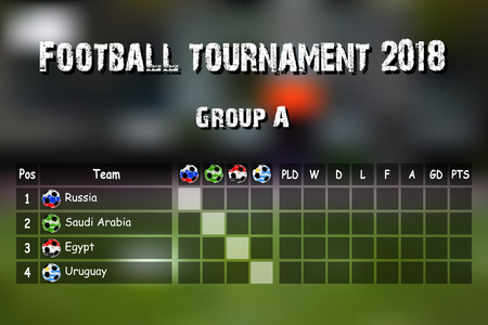 Football results table. Countries participating to the international soccer tournament 2018 group A. Vector illustrationのイラスト素材