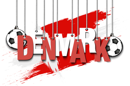 Banner the inscription Denmark and ball hang on the ropes on the background of the Denmark flag on white background.のイラスト素材