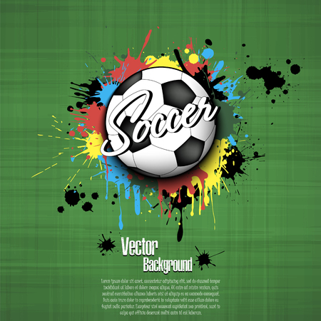Soccer ball on the background of the blots of paint. Football banner with splashes of ink. Vector illustrationのイラスト素材