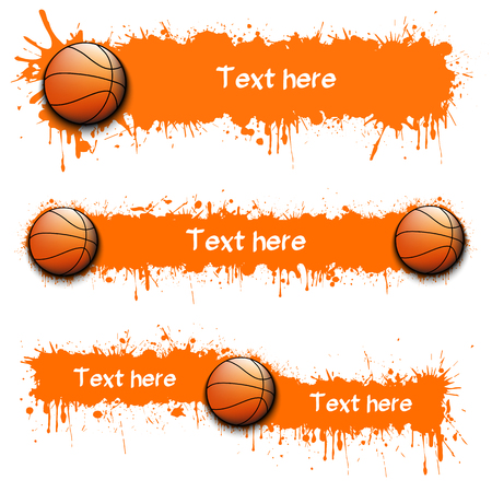 Set of hand drawn grunge banners with basketball ball. Black background with splashes of watercolor ink and blots. Vector illustrationのイラスト素材
