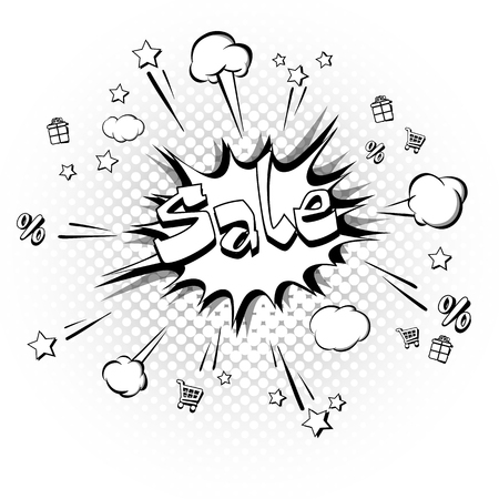 Discount comic style on background with bubbles. Comic bang with lettering sale. Pop art retro style. Realistic puffs smoke and stars, gifts, trolley, percentages. Vector illustrationのイラスト素材