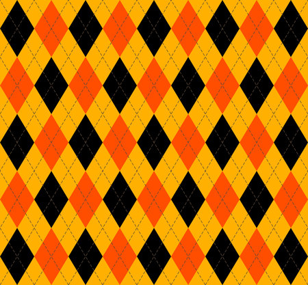 Halloween Argyle plaid. Scottish pattern in orange, black and yellow rhombuses. Scottish cage. Traditional Scottish background of diamonds . Seamless fabric texture. Vector illustrationのイラスト素材