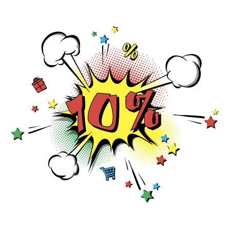 Discount 10 percent comic style on background with bubbles. Comic bang with ten percent. Pop art retro style. Realistic puffs smoke and stars, gifts, trolley, percentages. Vector illustrationのイラスト素材
