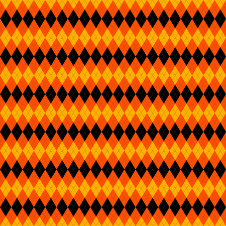 Halloween Argyle plaid. Scottish pattern in orange, black and yellow rhombuses. Scottish cage. Traditional Scottish background of diamonds . Seamless fabric texture. Vector illustrationのイラスト素材