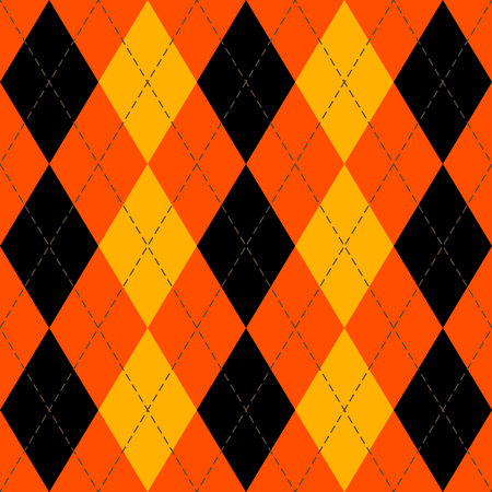 Halloween Argyle plaid. Scottish pattern in orange, black and yellow rhombuses. Scottish cage. Traditional Scottish background of diamonds . Seamless fabric texture. Vector illustrationのイラスト素材