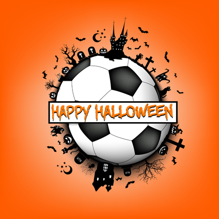 Happy halloween. Objects and elements of Halloween on the background of a soccer ball. Design pattern for banner, poster, greeting card, flyer, party invitation. Vector illustrationのイラスト素材