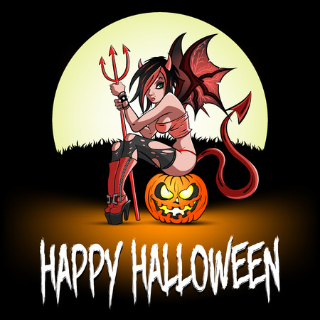Happy Halloween. Sexy devil woman sitting on a halloween pumpkin on the background of the moon. Design pattern for banner, poster, greeting card, flyer, party invitation. Vector illustrationのイラスト素材
