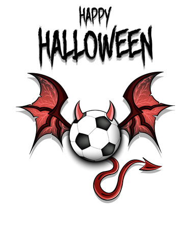 Happy Halloween. Devil soccer ball. Soccer ball with horns, wings and devil tail. Design pattern for banner, poster, greeting card, flyer, party invitation. Vector illustrationのイラスト素材