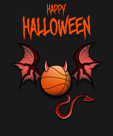 Happy Halloween. Devil basketball ball. Basketball ball with horns, wings and devil tail. Design pattern for banner, poster, greeting card, flyer, party invitation. Vector illustrationのイラスト素材
