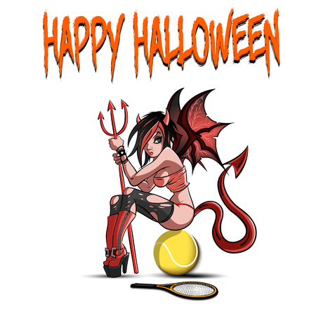 Happy Halloween. Sexy devil woman sitting on a basketball ball on a white background. Design pattern for banner, poster, greeting card, flyer, party invitation. Vector illustrationのイラスト素材