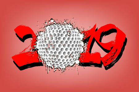 Abstract number 2019 and a golf ball from blots. 2019 New Year on an isolated red background. Design pattern for greeting card. Grunge style. Vector illustrationのイラスト素材