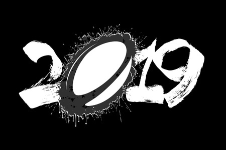 Abstract number 2019 and a soccer ball from blots. 2019 New Year on an isolated black background. Design pattern for greeting card. Grunge style. Vector illustrationのイラスト素材