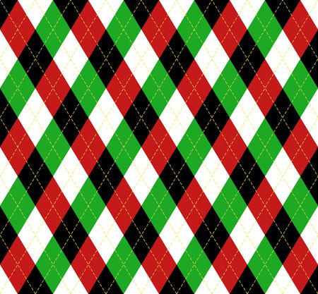 Christmas and new year Argyle plaid. Scottish pattern in black, white, red and green rhombuses. Scottish cage. Traditional Scottish background of diamonds. Seamless fabric texture. Vector illustrationのイラスト素材