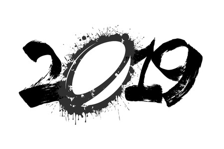 Abstract number 2019 and a rugby ball from blots. 2019 New Year on an isolated white background. Design pattern for greeting card. Grunge style. Vector illustrationのイラスト素材