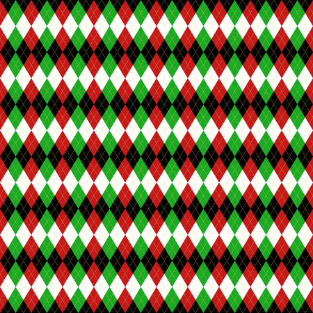 Christmas and new year Argyle plaid. Scottish pattern in black, white, red and green rhombuses. Scottish cage. Traditional Scottish background of diamonds. Seamless fabric texture. Vector illustrationのイラスト素材