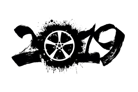 Abstract number 2019 and a wheel auto from blots. 2019 New Year on an isolated background. Design pattern for greeting card. Grunge style. Vector illustrationのイラスト素材
