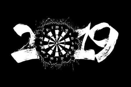 Abstract number 2019 and a dartboard from blots. Darts 2019 New Year on an isolated black background. Design pattern for greeting card. Grunge style. Vector illustrationのイラスト素材