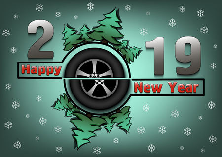Happy new year 2019 and wheel auto with Christmas trees on an isolated background. Creative design pattern for greeting card, banner, poster, flyer, party invitation, calendar. Vector illustrationのイラスト素材
