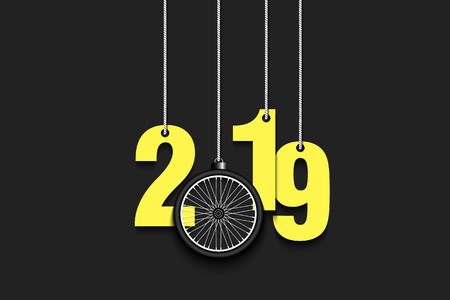 2019 New Year and bicycle wheel as a Christmas decorations hanging on strings. 2019 hang on cords on an isolated background. Design pattern for greeting card. Vector illustrationのイラスト素材