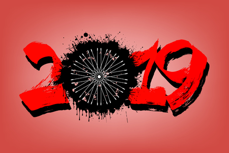 Abstract number 2019 and a bicycle wheel from blots. 2019 New Year on an isolated background. Design pattern for greeting card. Grunge style. Vector illustrationのイラスト素材