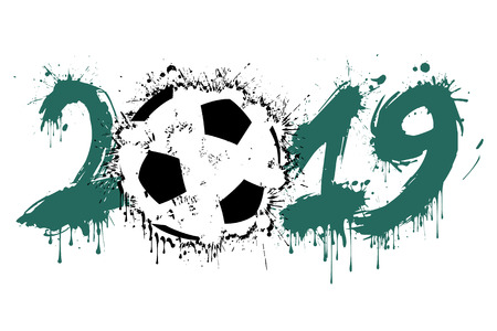 Abstract number 2019 and a soccer ball from blots. 2019 New Year on an isolated background. Design pattern for greeting card. Grunge style. Vector illustrationのイラスト素材