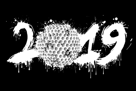 Abstract number 2019 and a golf ball from blots. 2019 New Year on an isolated background. Design pattern for greeting card. Grunge style. Vector illustrationのイラスト素材