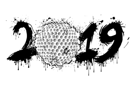 Abstract number 2019 and a golf ball from blots. 2019 New Year on an isolated background. Design pattern for greeting card. Grunge style. Vector illustrationのイラスト素材