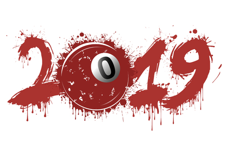 Abstract number 2019 and billiard ball from blots. 2019 New Year on an isolated background. Design pattern for greeting card. Grunge style. Vector illustrationのイラスト素材