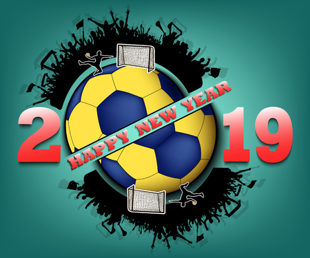 Happy new year 2019 and handball ball with handball fans. Creative design pattern for greeting card, banner, poster, flyer, party invitation, calendar. Vector illustrationのイラスト素材