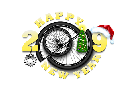 Happy new year 2019 and bicycle wheel with Christmas tree, hat and bicycle star. Creative design pattern for greeting card, banner, poster, flyer, party invitation, calendar. Vector illustrationのイラスト素材
