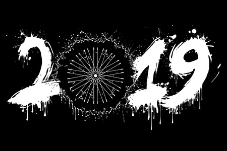 Abstract number 2019 and a bicycle wheel from blots. 2019 New Year on an isolated background. Design pattern for greeting card. Grunge style. Vector illustrationのイラスト素材