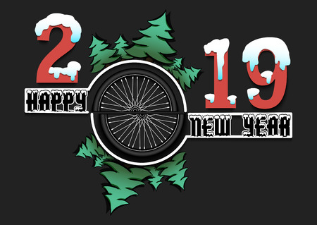 Happy new year 2019 and bicycle wheel with Christmas trees on an isolated background. Creative design pattern for greeting card, banner, poster, flyer, party invitation, calendar. Vector illustrationのイラスト素材