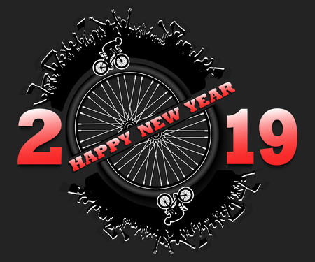 Happy new year 2019 and bicycle wheel with cycling fans. Creative design pattern for greeting card, banner, poster, flyer, party invitation, calendar. Vector illustrationのイラスト素材